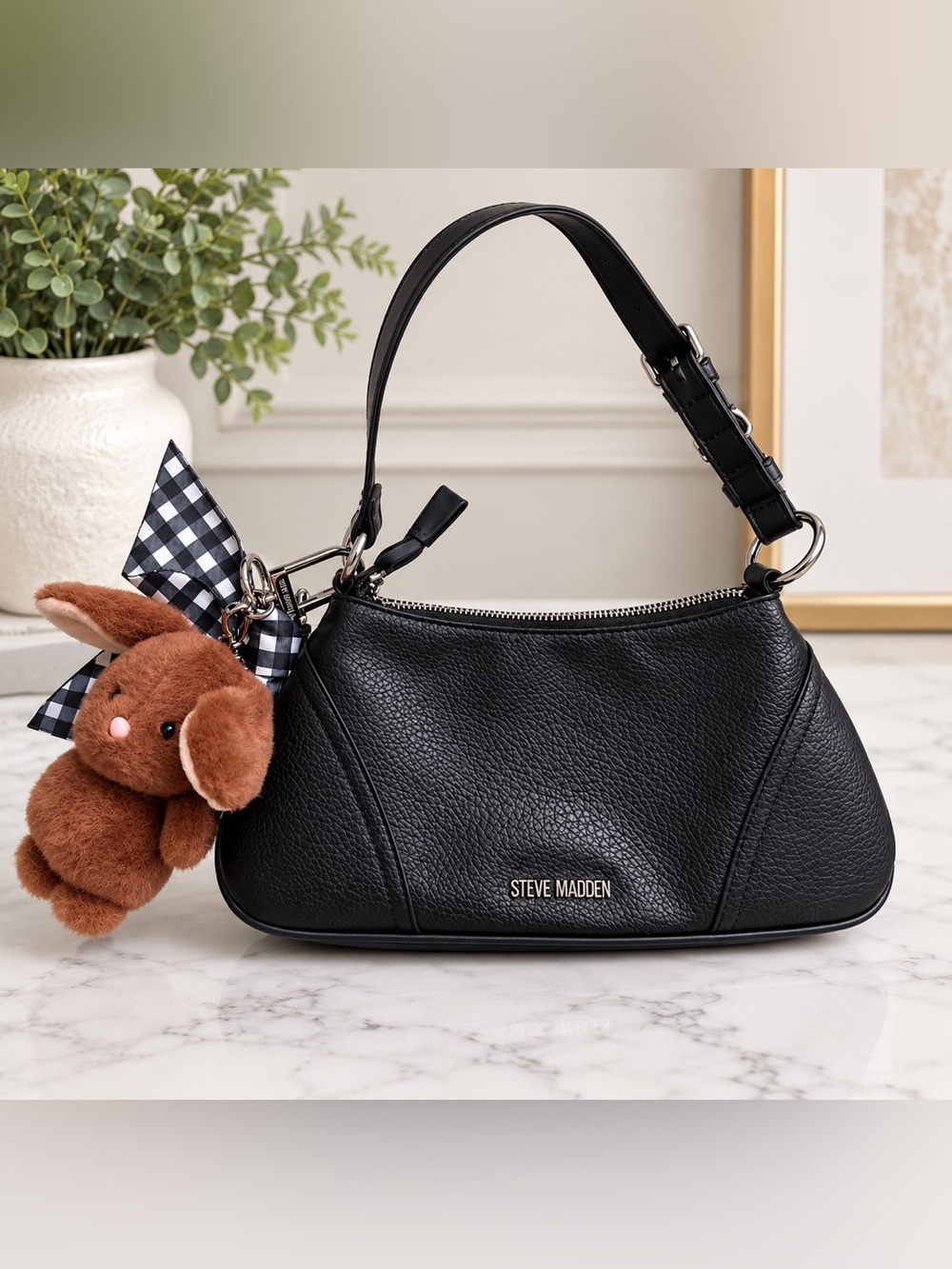 Steve Madden Black Pebbled Leather Mini Shoulder Bag with Charm